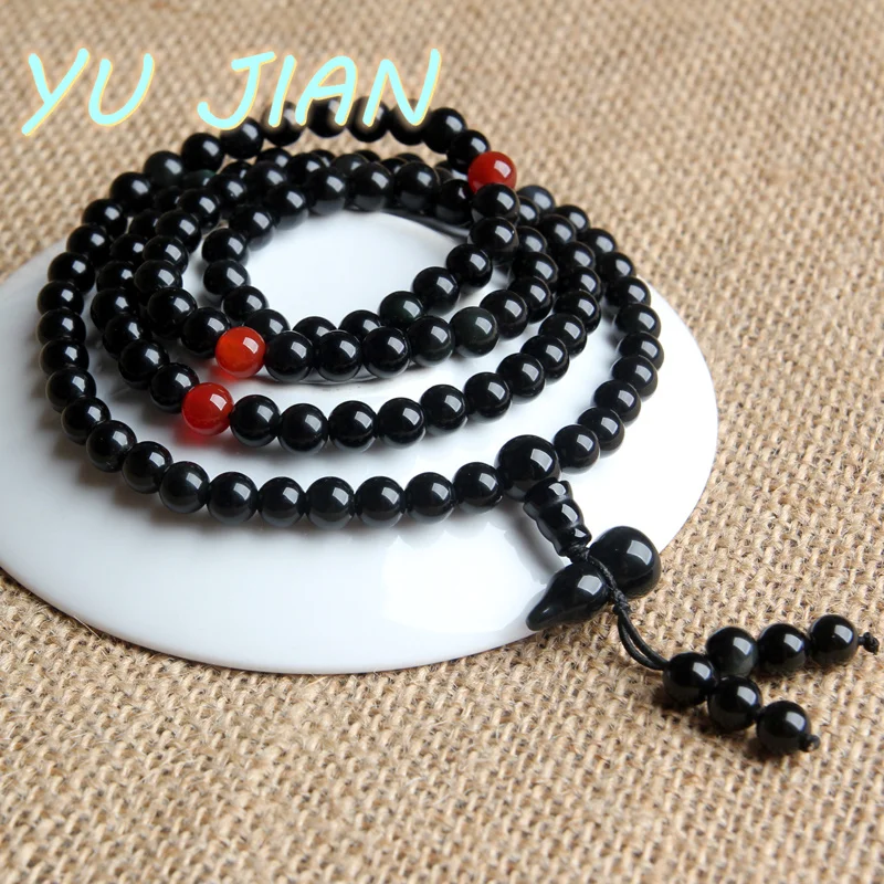 

Natural Obsidian Winding Bracelet Crystal Men's Ladies 108 Beads Belt Gourd Pendant Bangle Couple Jewelry
