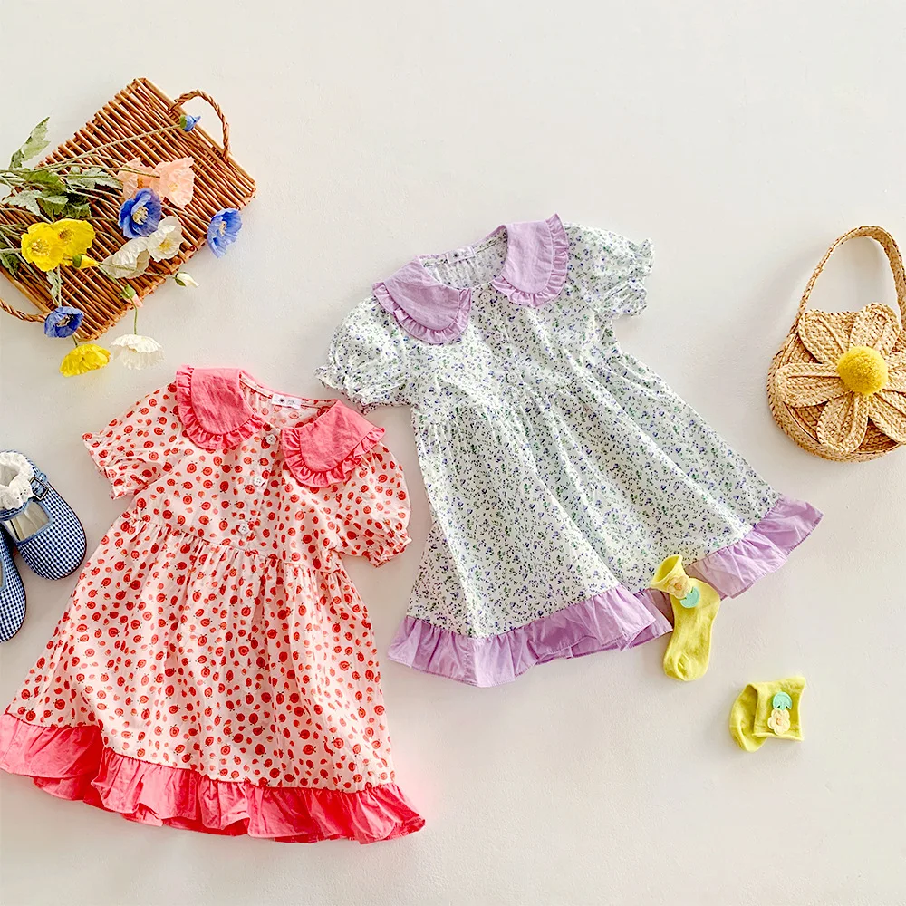 

Платье с коротким рукавом и цветочным принтом, в Корейском стиле