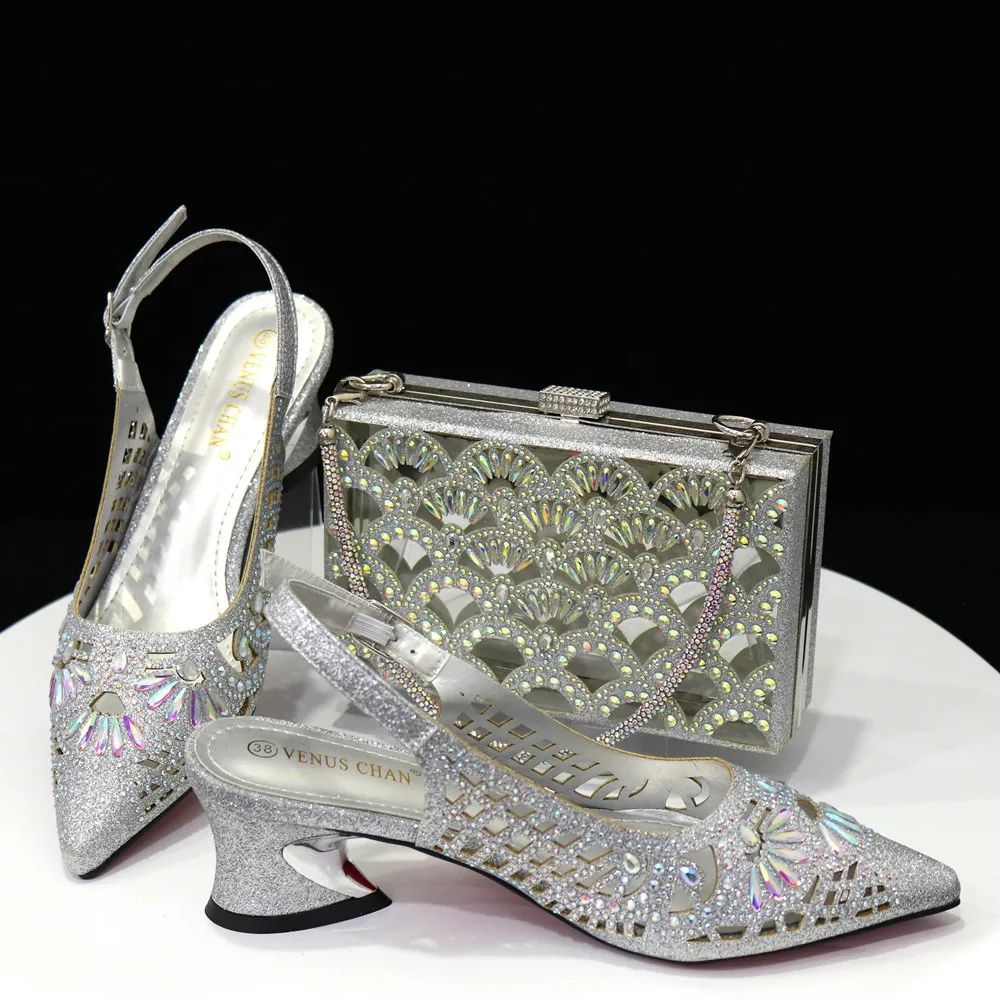 

doershow Italian silver Shoes And Bag Sets For Evening Party With Stones Italian Leather Handbags Match Bags! SFG1-14