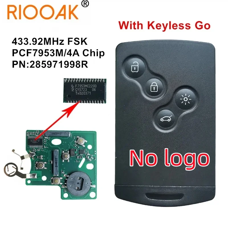 

Чип 4A, 433 МГц, Смарт-ключ Без Логотипа Для Renault Clio IV Captur 2009-2017, PCF7953M, Дистанционный Ключ Без Физического К...