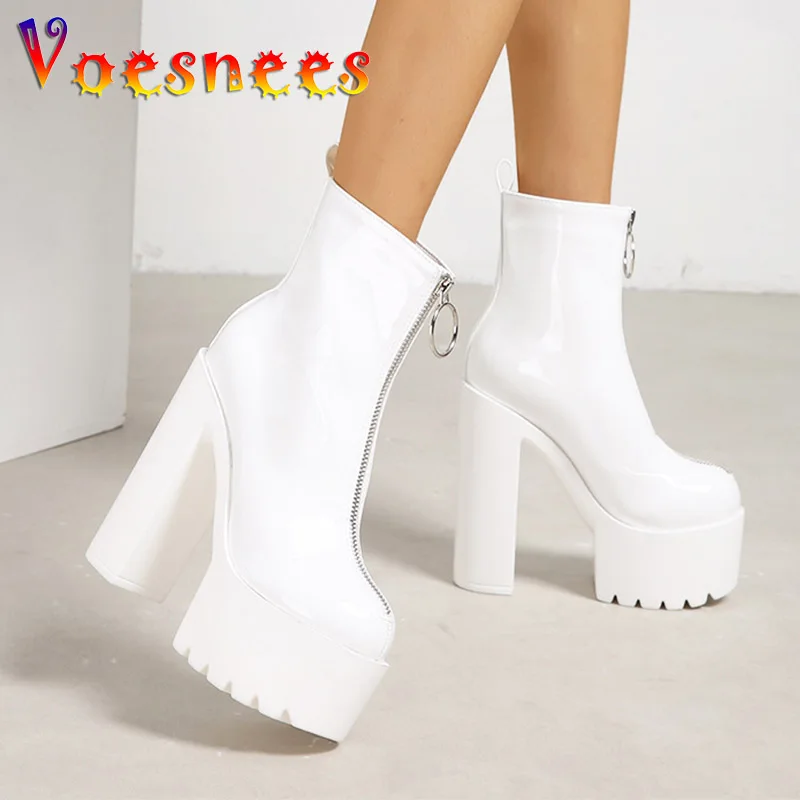 

Spring And Autumn 2023 New Thick Heel Short Boots European And American Fashion 14CM Women Shoes Front Zip Round Head High Heels