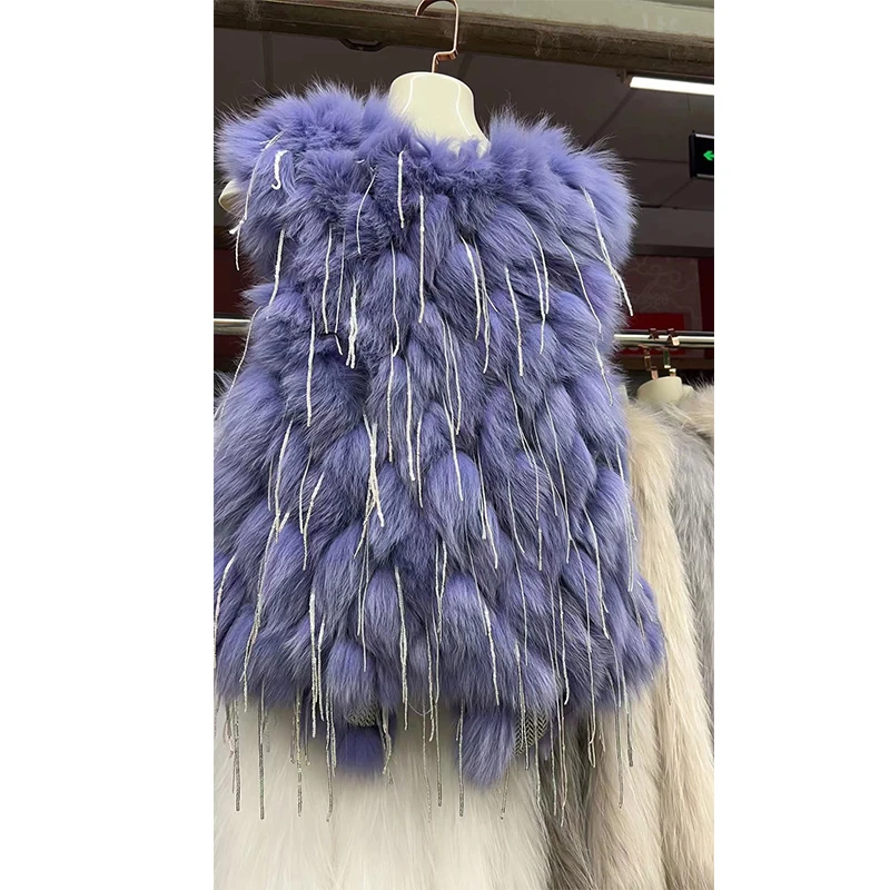 Shiny Sequins Tassel Fur Coat Ladies 2022 Winter Faux Fox Fur Fashion Trendy New Sleeveless Fur Vest Women's Elegant Streetwear