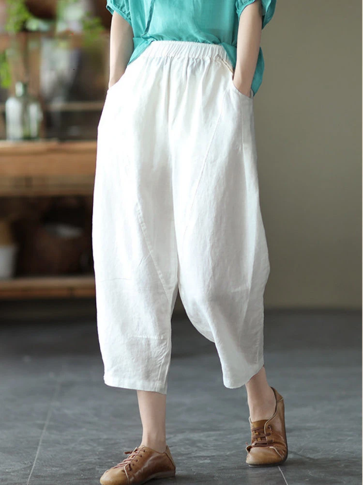 

Women's Summer Pants White Elastic Waist Cotton and hemp Baggy Pockets Casual Loose Calf-Length Temperament for Women's Clothing