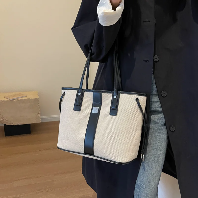 Casual Simple Commuter Tote Handbag Large Capacity Storage Bag for Women 2023 New Fashion Canvas Panel Contrast Shoulder Bags
