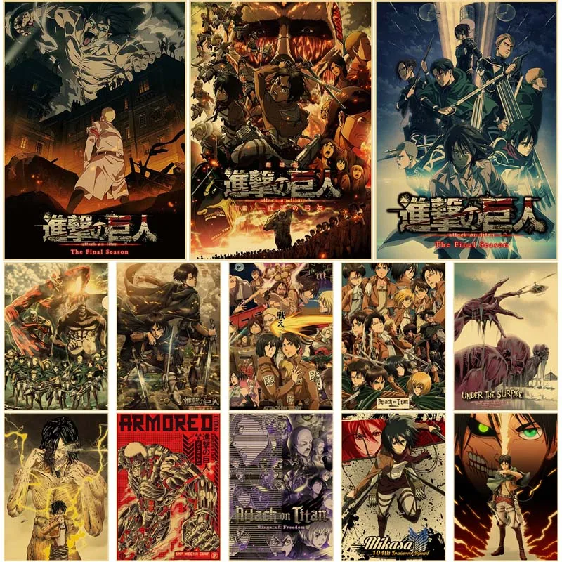 

Vintage Japanese Anime Attack on Titan Posters High Quality Kraft Paper Retro Poster Home Room Bar Decor Wall Stickers
