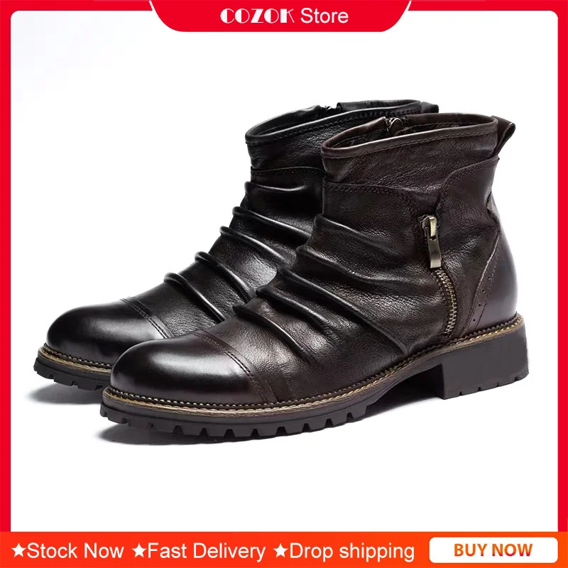 

Men Leather Boots Fashion Retro Zipper Ankle Booties Breathable Big Size Male Motorcycle Boots Party Shoes