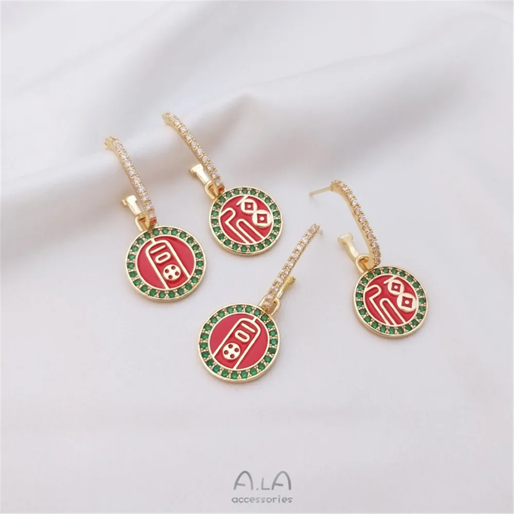 

Drop oil inlaid zircon hanging "Fu" tag festive Chinese style earrings 925 silver needle 14K gold color earrings