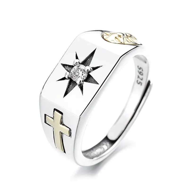 

575FJ ZFSILVER Silver S925 Fashion Trendy Adjustable Retro Luxury Maria White Zircon Star Cross Rings Men Women Wedding Jewelry
