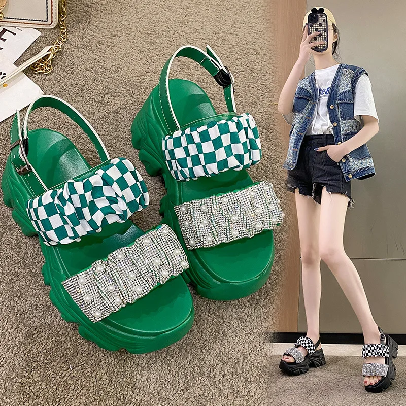Summer Outside Sponge Cake Thick sole Modern Slippers 2022 Bling Concise Sandals High (5cm-8cm) Fashion String Bead Sandals PU