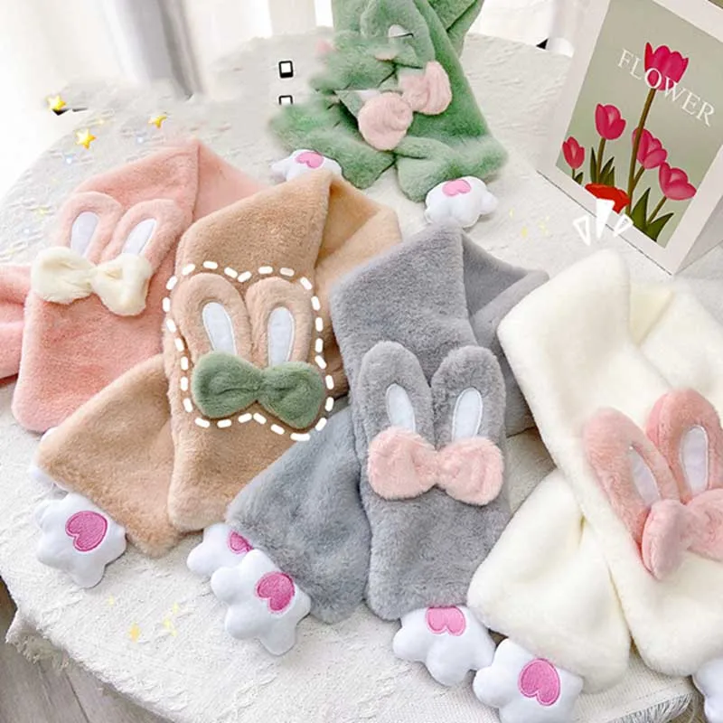

Women Winter Warm Thicken Scarfs Cartoon Rabbit Fur Plush Cross Collar Scarf Shawl Elegant Warm Soft Comfortable Girls Scarfs