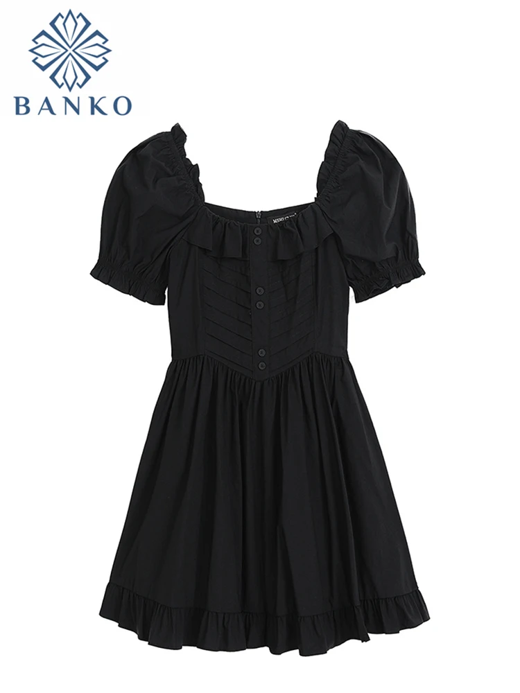 

Летнее женское элегантное модное черное платье с пышными рукавами и квадратным вырезом, сексуальные пляжные уютные слитные платья, уличная одежда Y2k, готика, корейский стиль