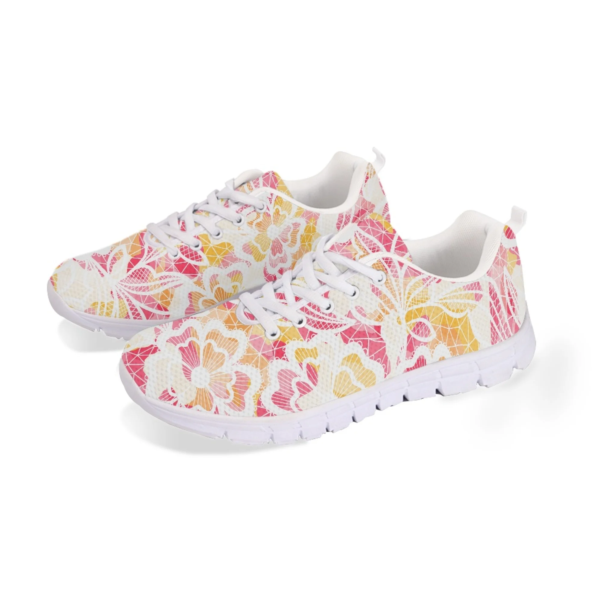 Yikeluo Pink Flowers Print Woman Shoes Casual Breathable Athletic Tennis Sneakers Female Mesh Flats Couple Footwear feminina