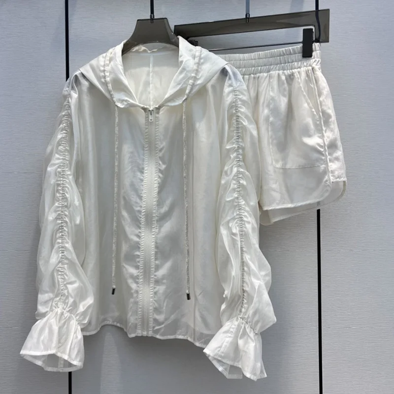 

Женский модельный комплект из рубашки и шортов, белая блузка на молнии с длинным рукавом и капюшоном, короткие брюки с широкими штанинами и эластичным поясом на лето, 23