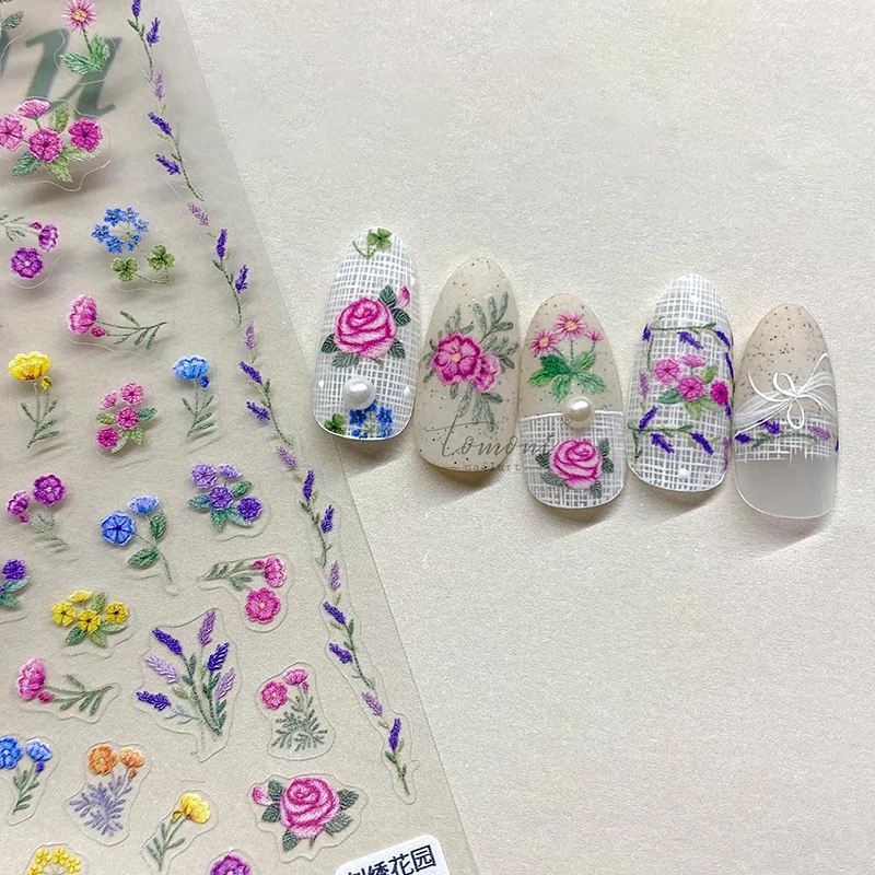 

Vintage 3D Colorful Flowers Self Adhesive Nail Art Decorations Stickers Vivid Rose Camellias Lovely Manicure Decal DIY Wholesale