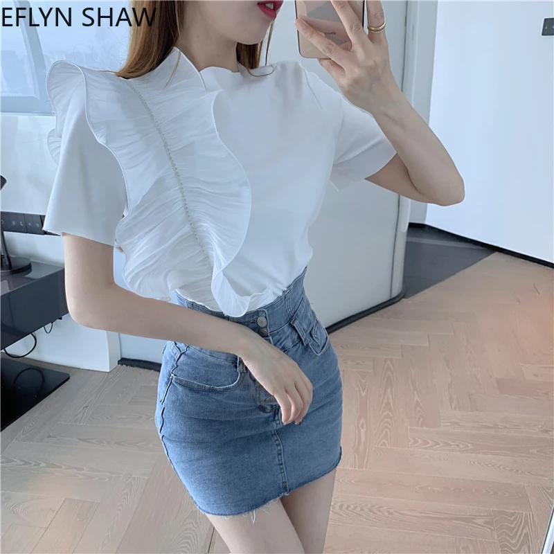 

Summer White T Shirt for Women 2022 New Fairy Solid Ruffled Short-sleeved Shirt Female Korean Retro Personality Fashion Tops