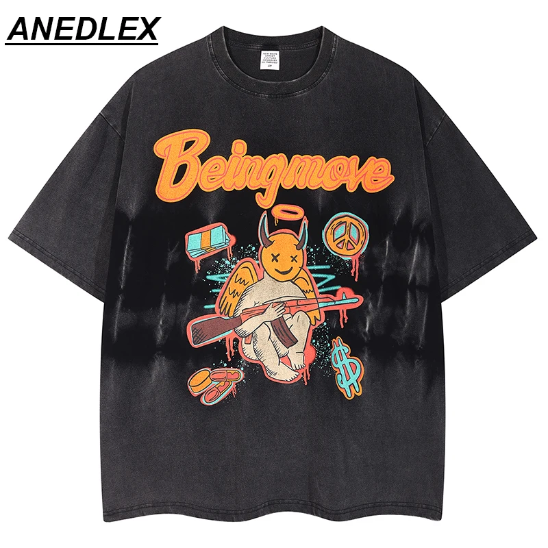 

Hip Hop Streetwear Washed T-Shirt 2022 Men Cartoon Devil Print Tshirt Harajuku Cotton Casual T Shirt Summer Short Sleeve Tops