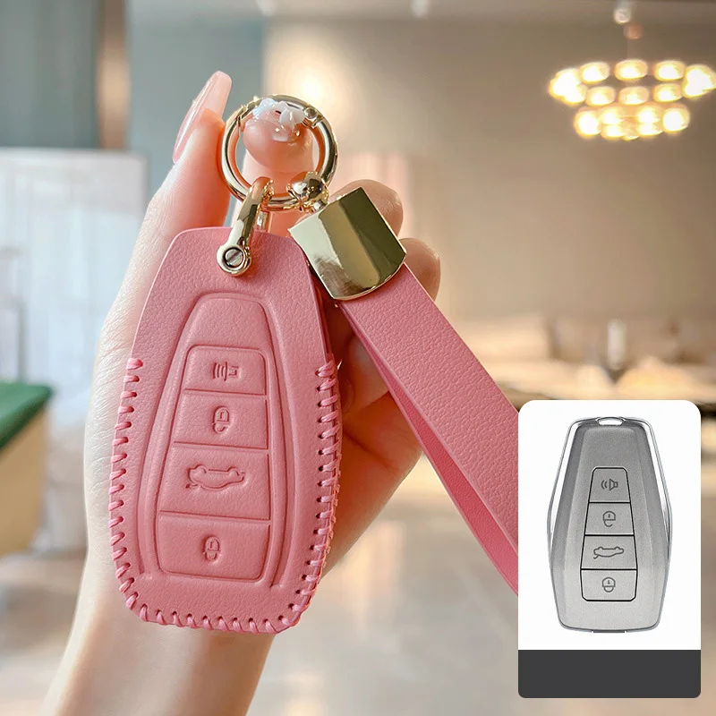 

Genuine Leather Pink Car Key Case Cover Fob Shell for Geely Coolray 2019-2020 Atlas Boyue NL3 Emgrand X7 EX7 SUV GT GC9 Borui