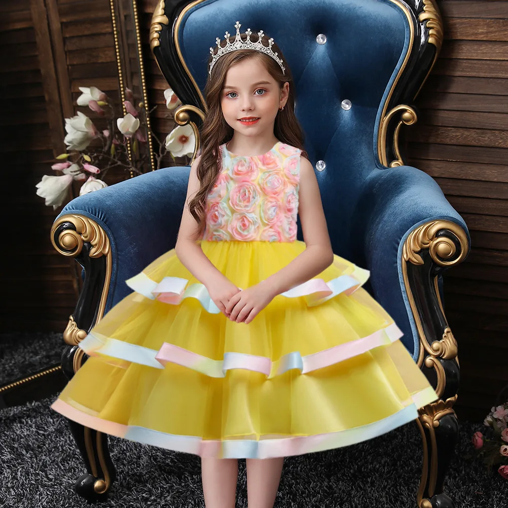 

Girls Rainbow Princess Lace Dress Cake Layer Figure Prom Dress Kids Kids Wedding Evening Dress Formal Party Vestidos Summer