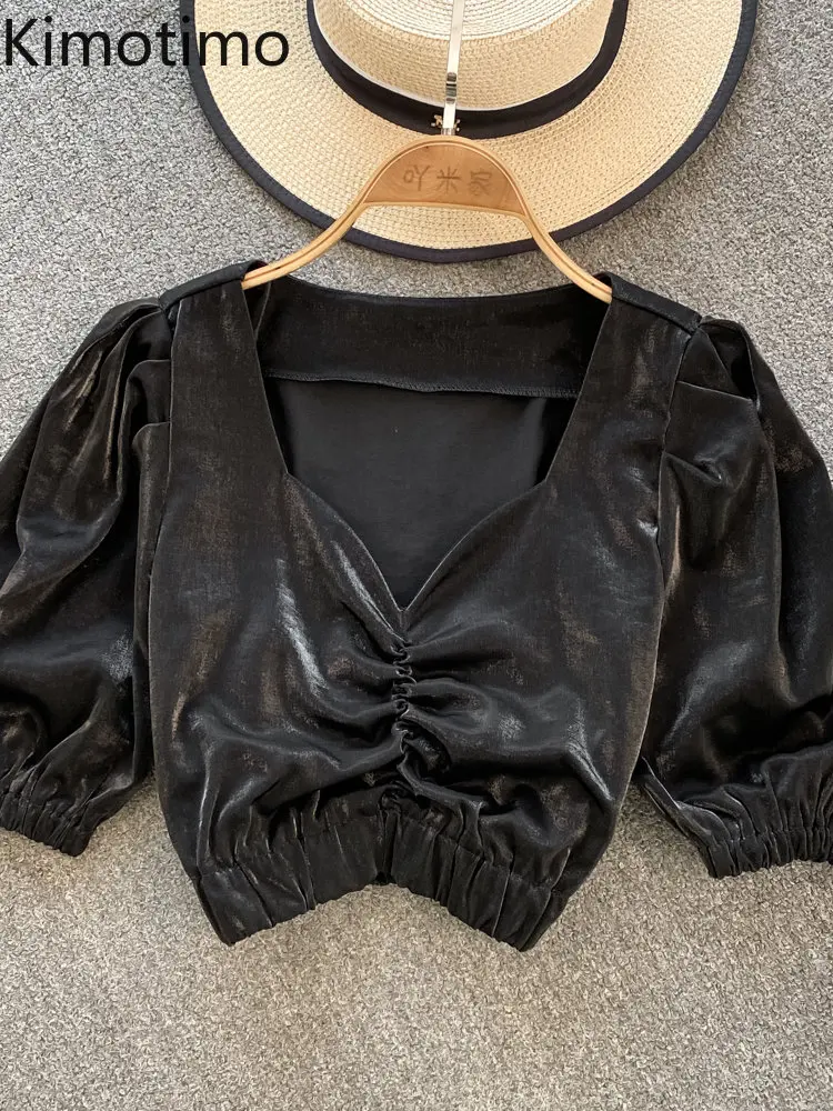 

Kimotimo весенне-Летняя короткая бархатная блузка для женщин с V-образным вырезом и складками тонкие топы с пышными рукавами французская Ретро ...