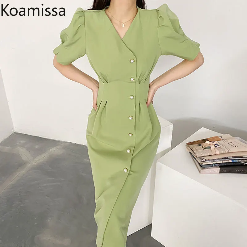 

Koamissa Summer Elegant Long Dress for Women Irregular V-neck Single Breasted Waist Slim Bodycon Dresses Korean A Line Vestidos