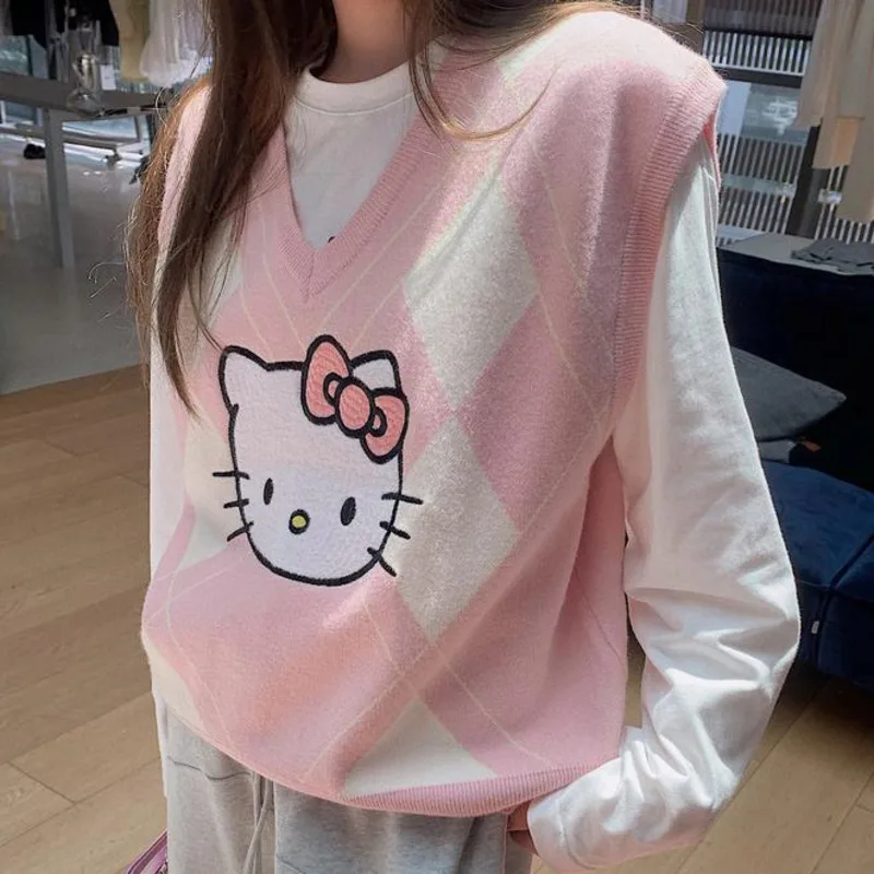 

Sanrioed Hello Kittyed Vest Top Sweater Co-branded Warm Y2K Knitted Sister Style Age-reducing Vitality Girl Contrast Waistcoat