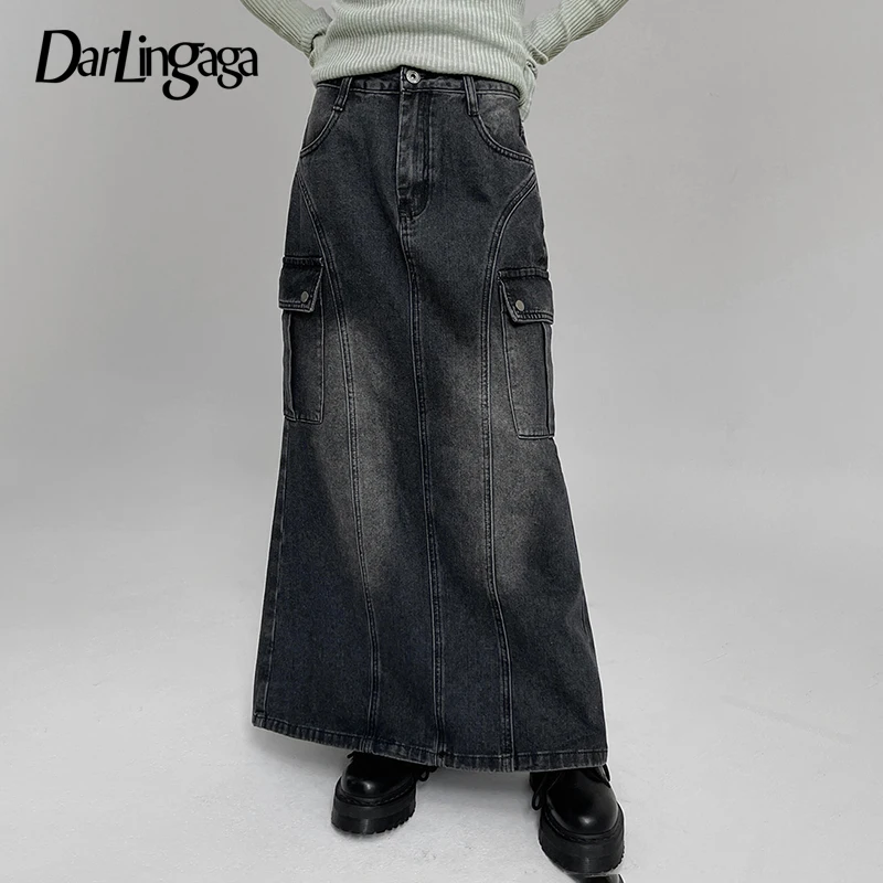 

Darlingaga Korean Fashion Straight Loose Denim Skirt Women Cargo Style Pockets Distressed Long Skirt Harajuku Slit Stitching New