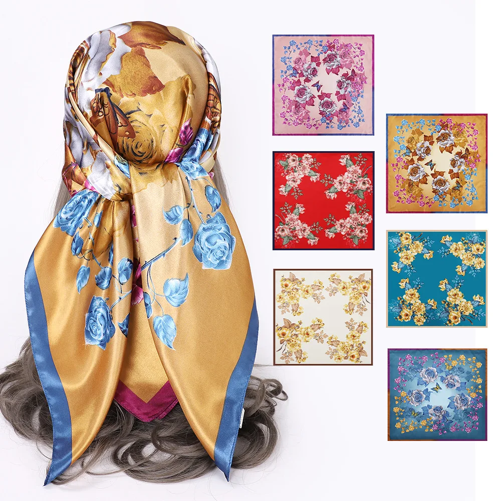 

Floral Print Shawls Silk Satin Neck Scarf Large Bandana Head Hijab Scarves Women Fashion Hair Scarfs Female 90CM Square Headband