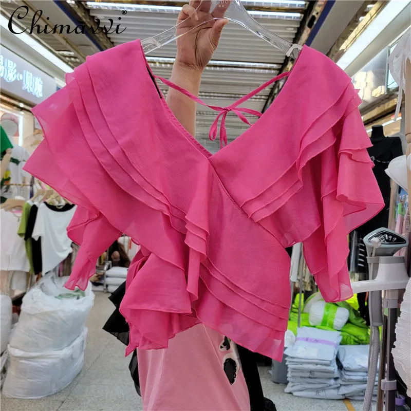 

Женская шифоновая блузка с открытой спиной, однотонная универсальная рубашка с V-образным вырезом, оборками и перекрестной шнуровкой, лето ...