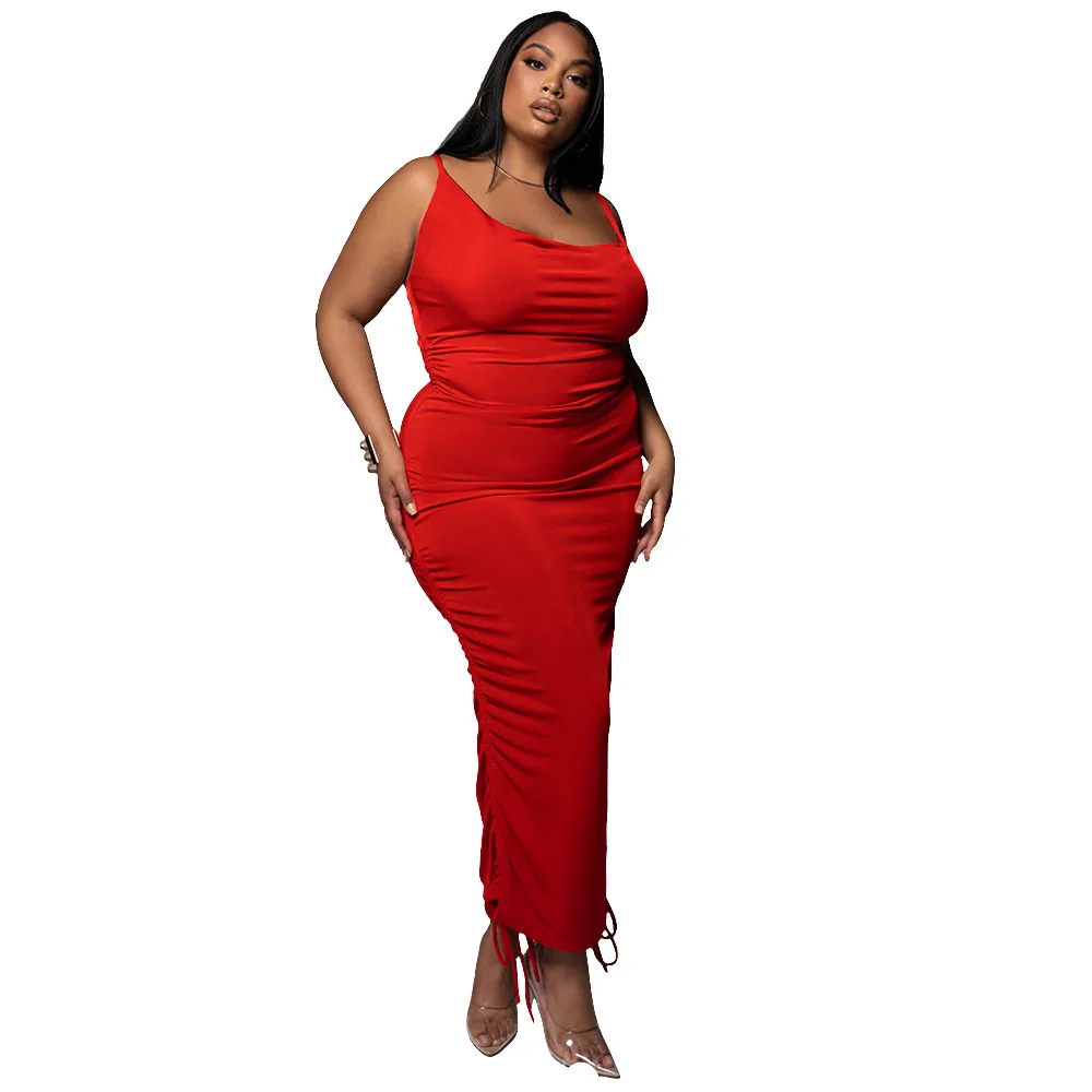 FS 2022 Sexy Women Plus Size Dresses Clothing Low Collar Drawstring Large Size Ladies Tight Waist Dress Spaghetti Strap Pleated