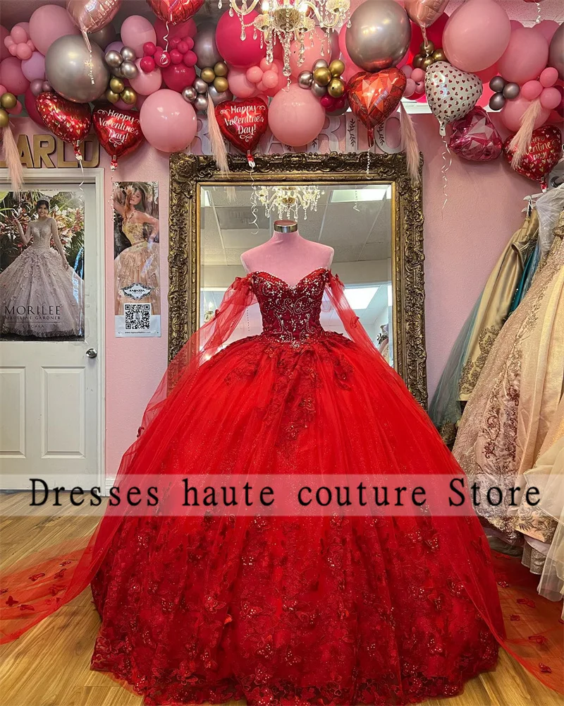 

Red Tulle Quinceanera Dresses Ball Gown 2023 Beaded 3D Flowers Off Shoulder Formal Party Dress Lace Up Vestidos De Quinceañera