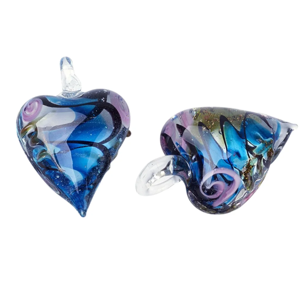 

12pcs/ Heart Lampwork Glass Pendants Inner Flower Gold Sand for DIY Necklace Bracelet Making Mixed Color 47x31x14mm Hole:6x8mm