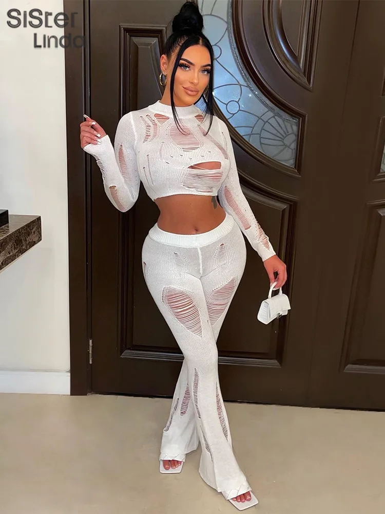 

Sisterlinda Knitted Hollow Sexy 2Piece Set Women Long Sleeve See Through Tops+ High Waist Flare Pants Matching Streetwear Outfit