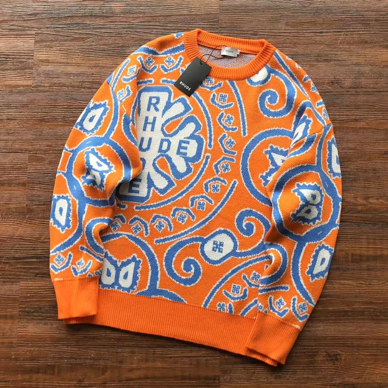 

Orange Rhude Knit Jacquard Sweater Men Women Casual O-Neck Sweatshirts