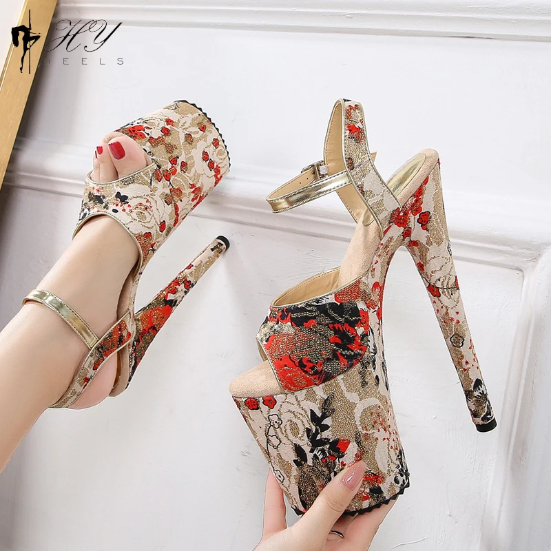 

Flowers Fabric 10cm High Platform Sandals 20 CM Stripper Heels Open Toe Pole Dance Shoes Women Sexy Fetish Party Models Shoes