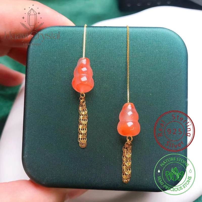 

Genuine South Red Agate 925 Sterling Silver Ear Wires Gourd Phoenix Tail Tassel