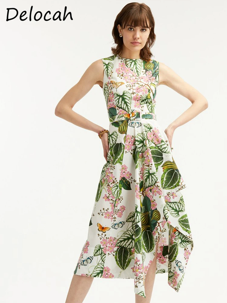 

Женское платье без рукавов Delocah, элегантное Хлопковое платье с поясом и тропическим принтом, лето 2019
