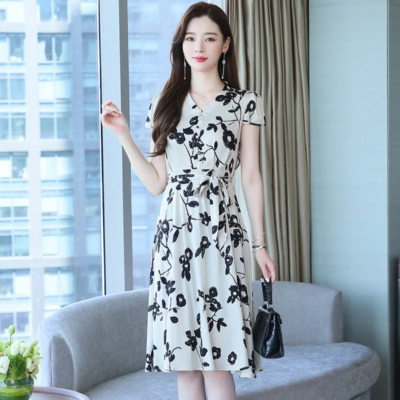 

Summer Women Midi Chiffon Dress Plus Size 3XL Slim V Neck Short Sleeve High Waist A Line Elegant Bandage White Print Party Robe