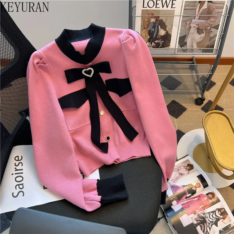 

Женский трикотажный пуловер с бантом, свитер с круглым вырезом и длинными рукавами-фонариками в Корейском стиле, весна 2023