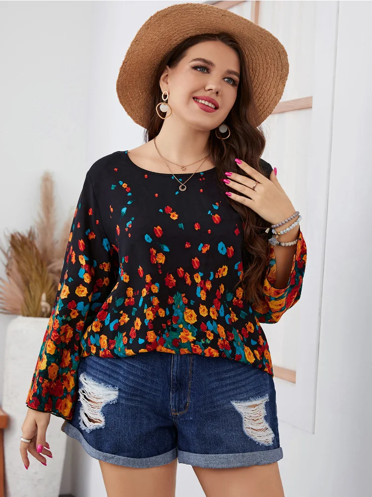 Summer round neck casual fresh sweet plump mm women's printed large long sleeved shirt plus size women clothing