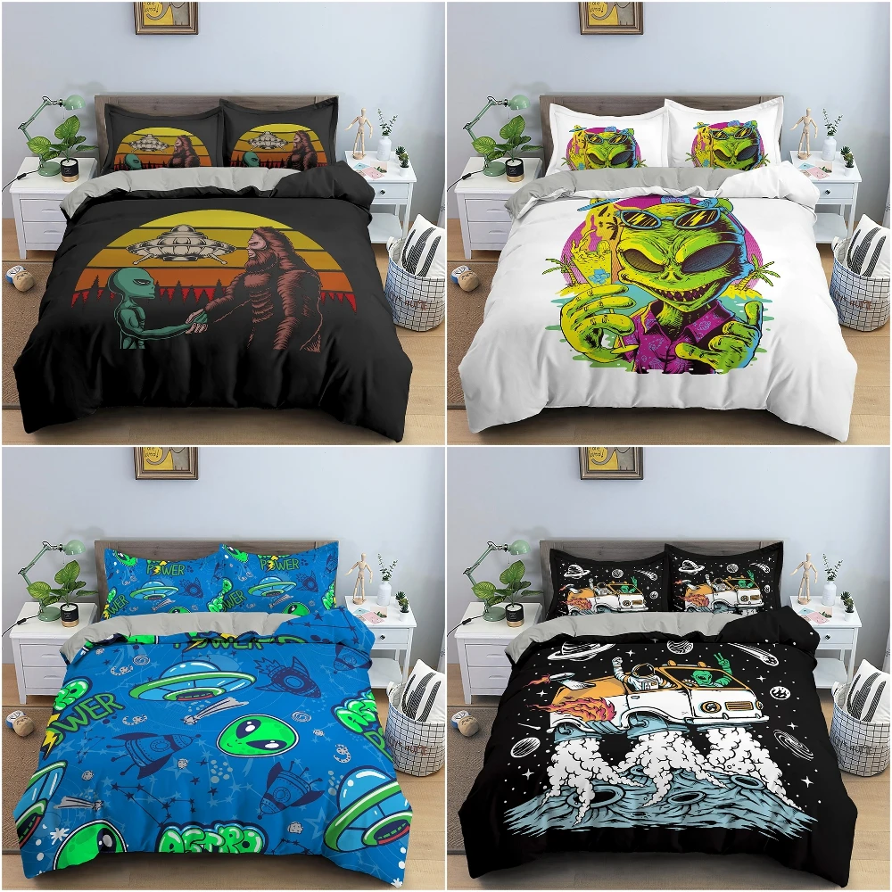 

2/3Pcs Mysterious UFO Alien Bedding Set Luxury Bedclothes Cartoon Print Polyester Duvet Cover With Pillowcase For Bedroom Decor