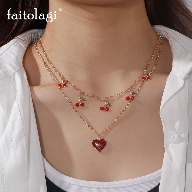 

Cute Red Cherry Heart Choker Necklace Set Vintage Y2K Fairy Love Cherry Collar Layered Necklaces Egirl Bohemia Necklace Jewelry