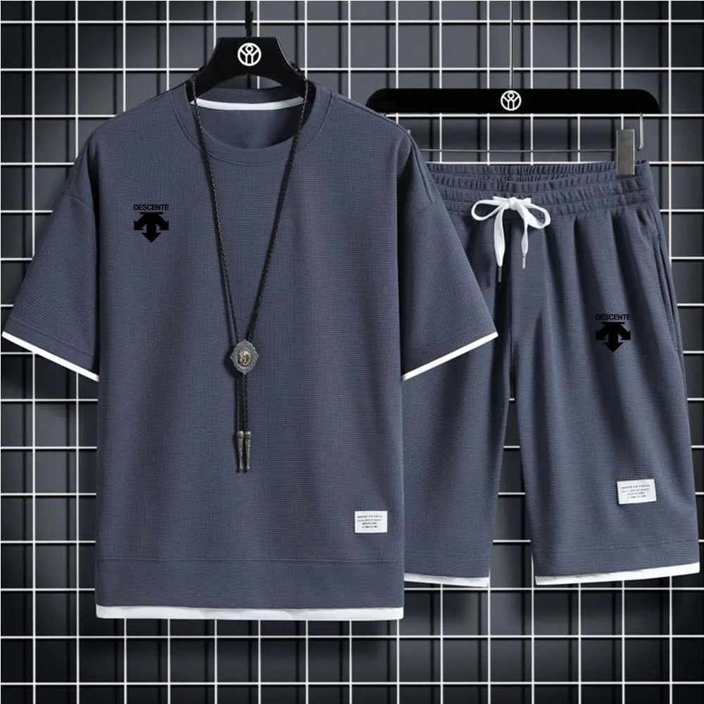 Summer brand new DESCENT men's sports T-shirt + shorts set brand casual breathable jogging pants hip-hop fashion clothing 2023