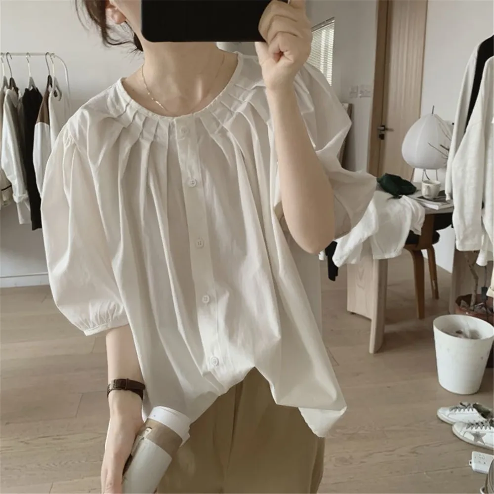 

Fashion Women Leisure Blouse Round Neck Short Sleeve Pleated Patchwork Loose Pullover Elegant Chic Ladies Blouse For Summer