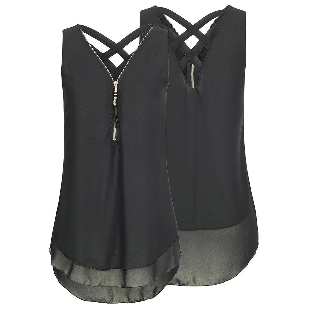 

New Chiffon Blouse Women Loose Sleeveless Tank Top Cross Back Hem Layed Zipper V-neck Tee Shirts Tops Blusas Mujer De Moda 2022