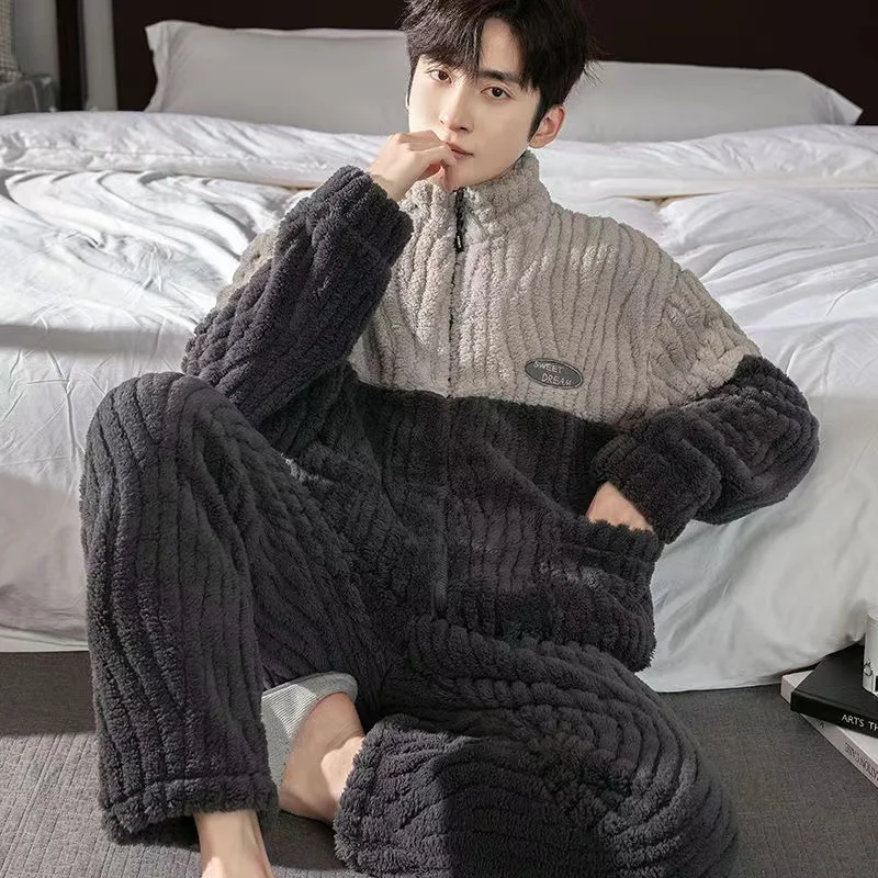 Мужские пижамные комплекты зима 2024 утепленная теплая одежда для сна ночная