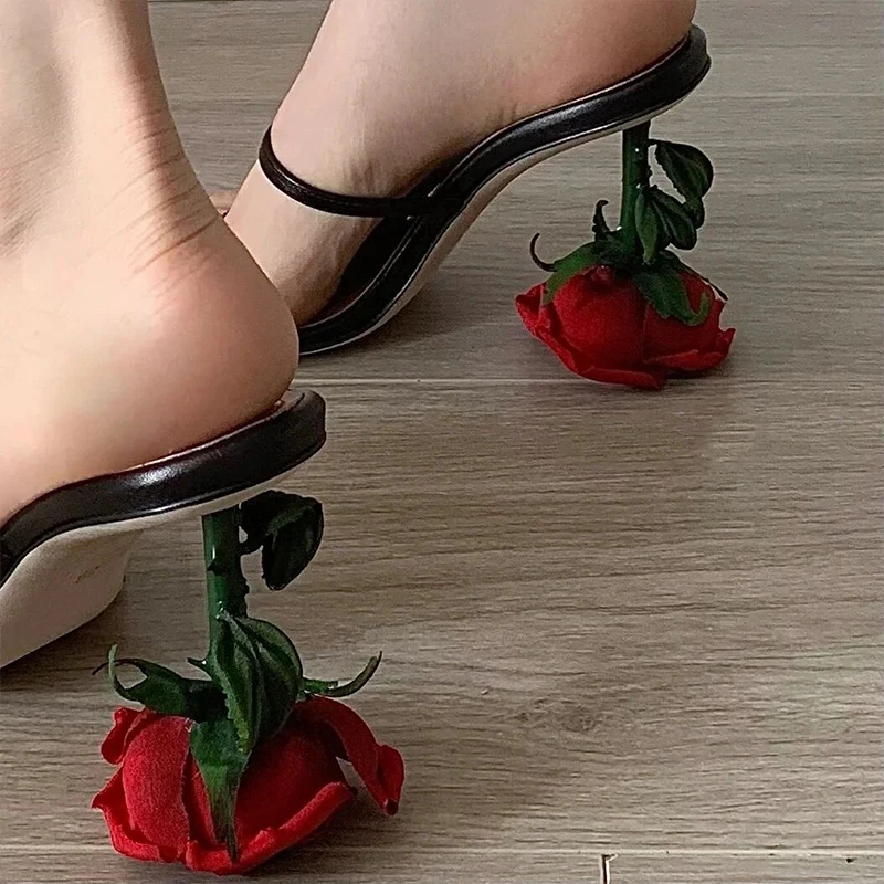 Ladies Rose Heeled Slippers Open Toe Red Flower High Heel Sandals Women Summer Party Shoes Sexy Flower Slippers Plus Size 42