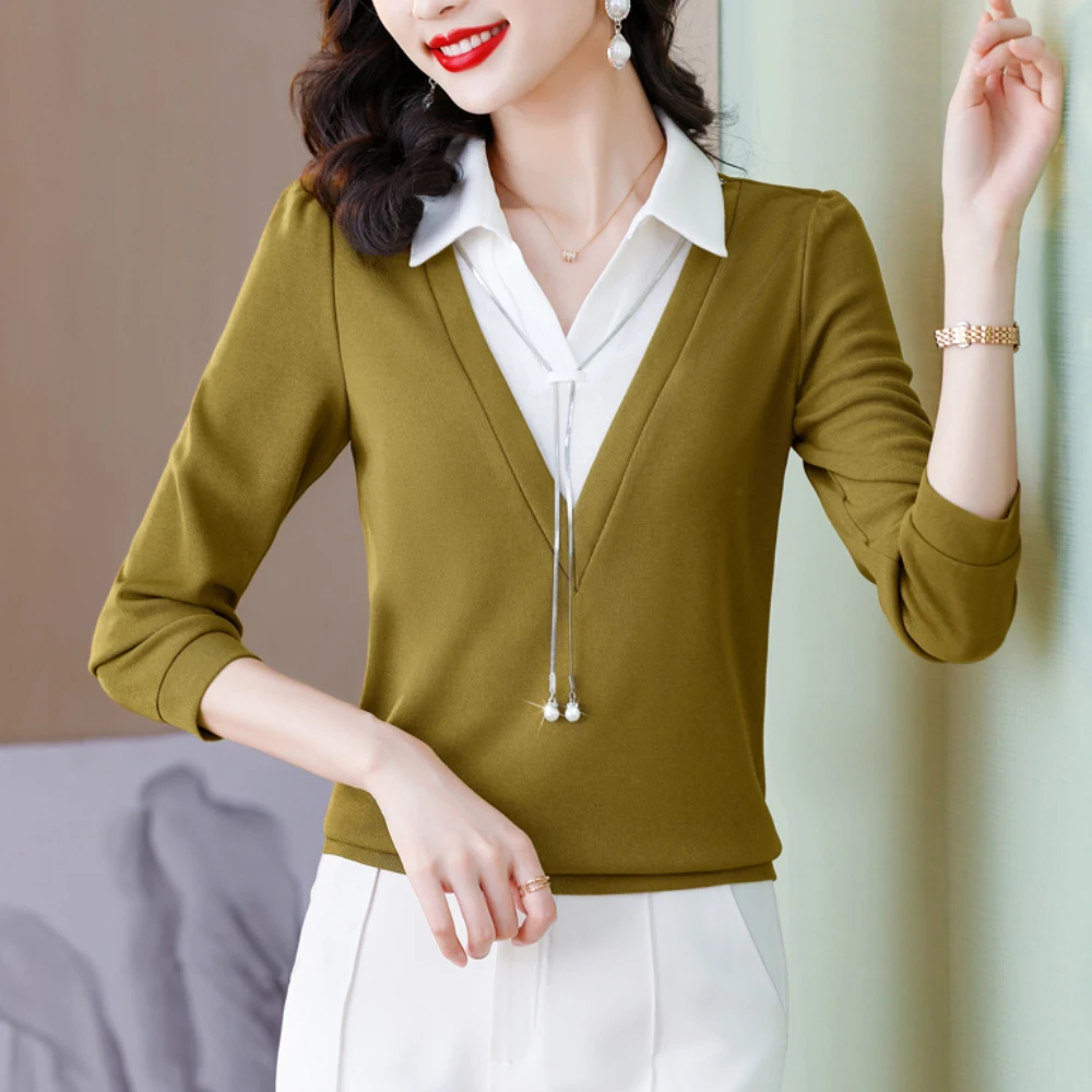 New Casual Women Shirts 2023 Spring Autumn Fake 2-Pieces Vintage Blouses Women Elegant Long Sleeve Tops blusa feminina