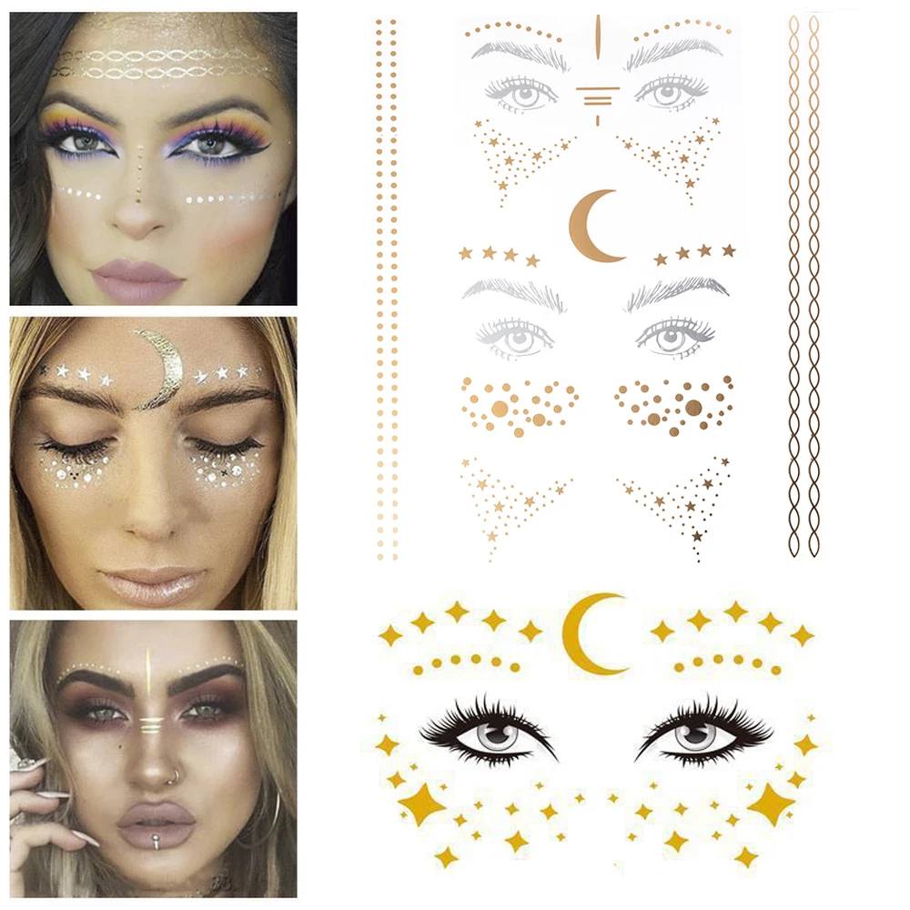 

Gold Face Stickers Waterproof Temporary Face Tattoo Festival Sticker Facial Adhesive Glitters for Carnival Makeup Eye Decals