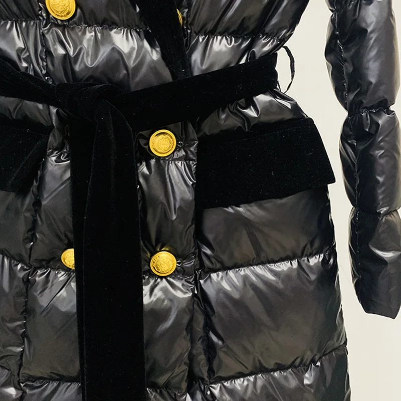 White Dark Down Parkas Women Fashion Tie Belt Coats Gold Lion Buttons Female Elegant Solid Glossy Slim Long Jackets Winter Warm