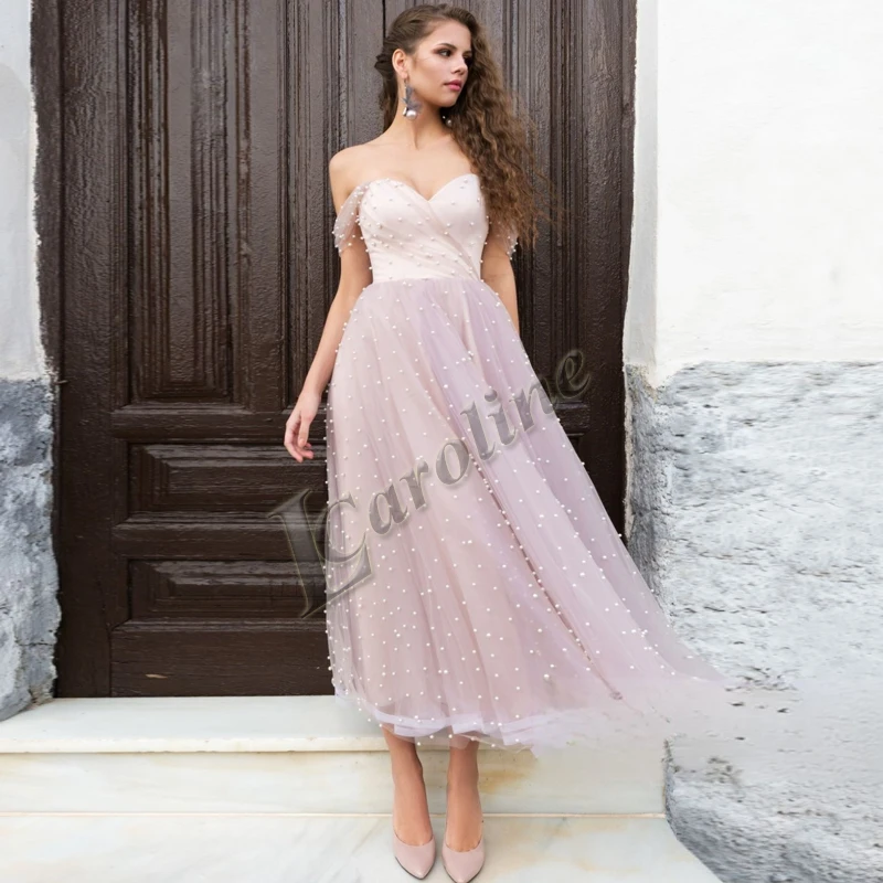 

Caroline Baby Pink Nectarean Pearls Sweetheart Evening Dress Pleat Off The Shoulder A-line Prom Gowns Party Customised Vestidos